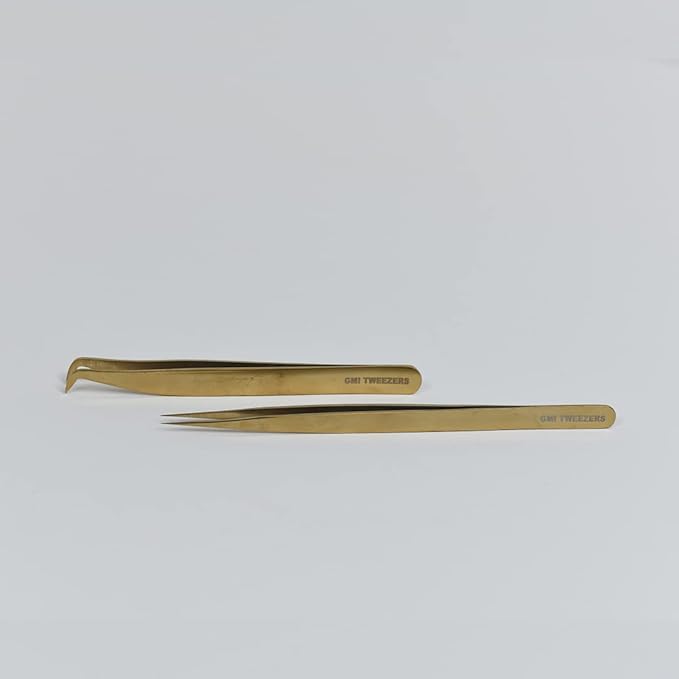 2pcs Black Straight and L-Shaped (Boot) Gold Pointed Eyelash Tweezers for Lash Extension - Stainless Steel Precision Tweezers for Volume and Classic Lashes - False Eyelash Extension Kit. (Gold)