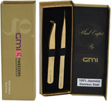 2pcs Black Straight and L-Shaped (Boot) Gold Pointed Eyelash Tweezers for Lash Extension - Stainless Steel Precision Tweezers for Volume and Classic Lashes - False Eyelash Extension Kit. (Gold)