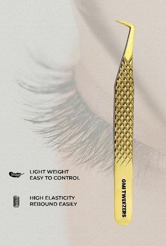 GMI Lash Tweezers - Set of 5 Eyelash Tweezers- Stainless Steel Extension Multipurpose for Extensions Individual. (Gold)