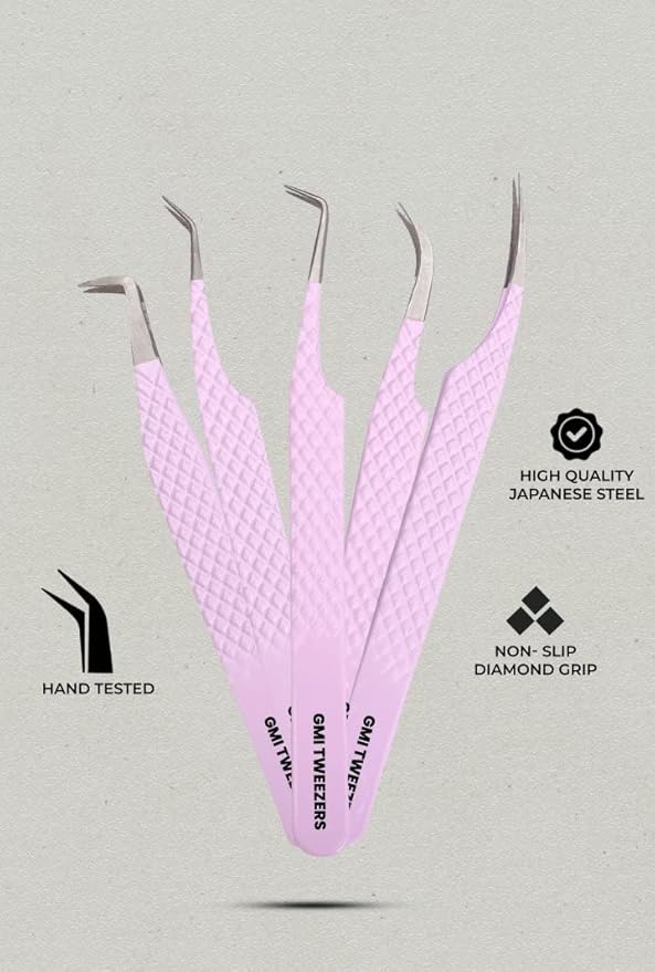 GMI Lash Tweezers - Set of 5 Stainless Steel Eyelash Extension Tweezers - Multipurpose for Individual Extensions (Pink)