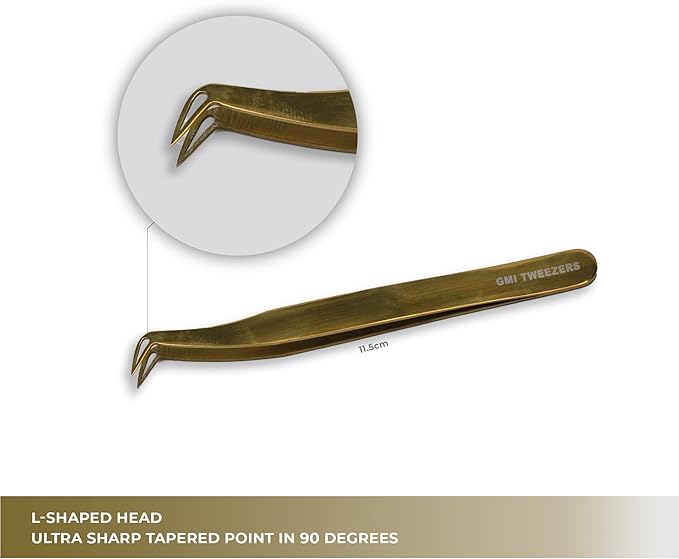 yelash Extension Tweezers - Stainless Steel Eyelash extension Tweezer - Eyelash extension kit for volume - False Eyelash Applicator tool - L-Shaped (Boot) - Golden