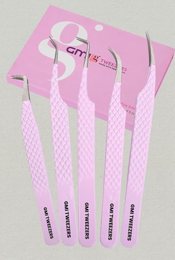 GMI Lash Tweezers - Set of 5 Stainless Steel Eyelash Extension Tweezers - Multipurpose for Individual Extensions (Pink)