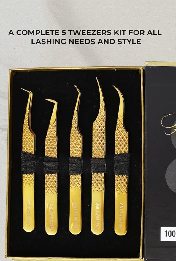 GMI Lash Tweezers - Set of 5 Eyelash Tweezers- Stainless Steel Extension Multipurpose for Extensions Individual. (Gold)