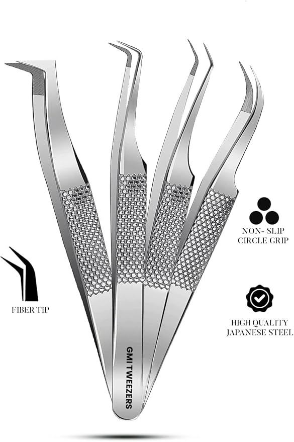 GMI Lash Tweezers – Pack of 4 Stainless Steel Fiber Tip Eyelash Extension Tweezers - Silver