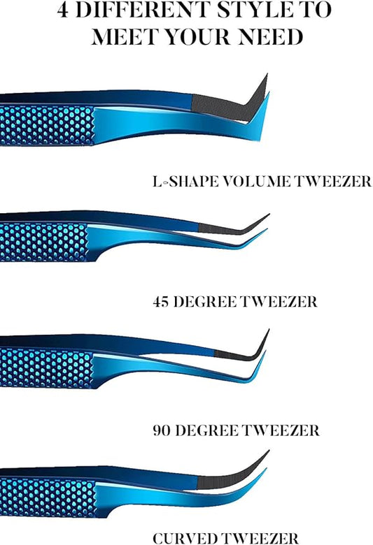 GMI Lash Tweezers – Pack of 4 Stainless Steel Fiber Tip Eyelash Extension Tweezers