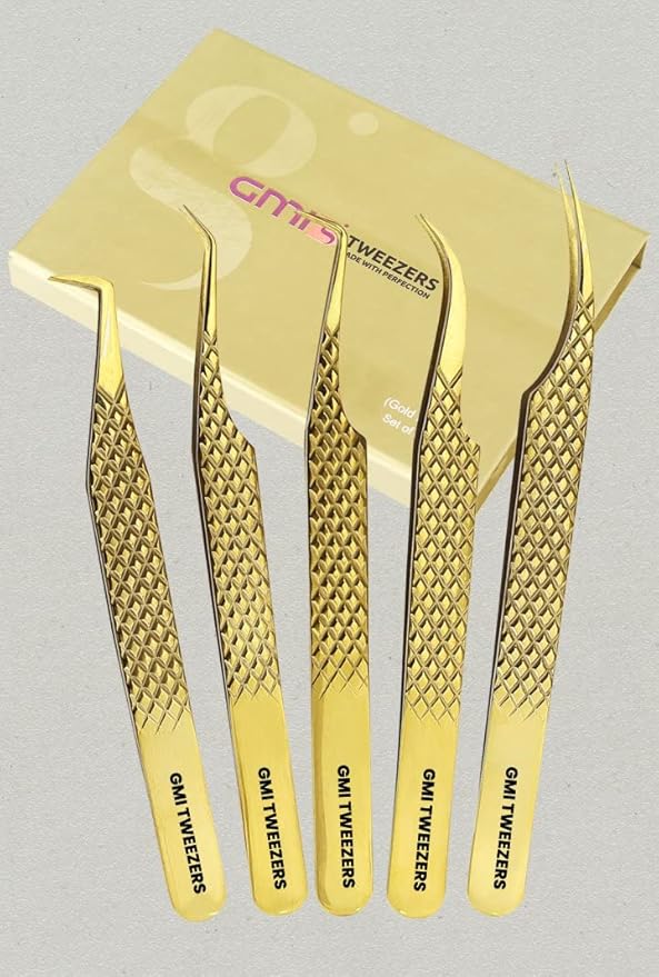 GMI Lash Tweezers - Set of 5 Eyelash Tweezers- Stainless Steel Extension Multipurpose for Extensions Individual. (Gold)