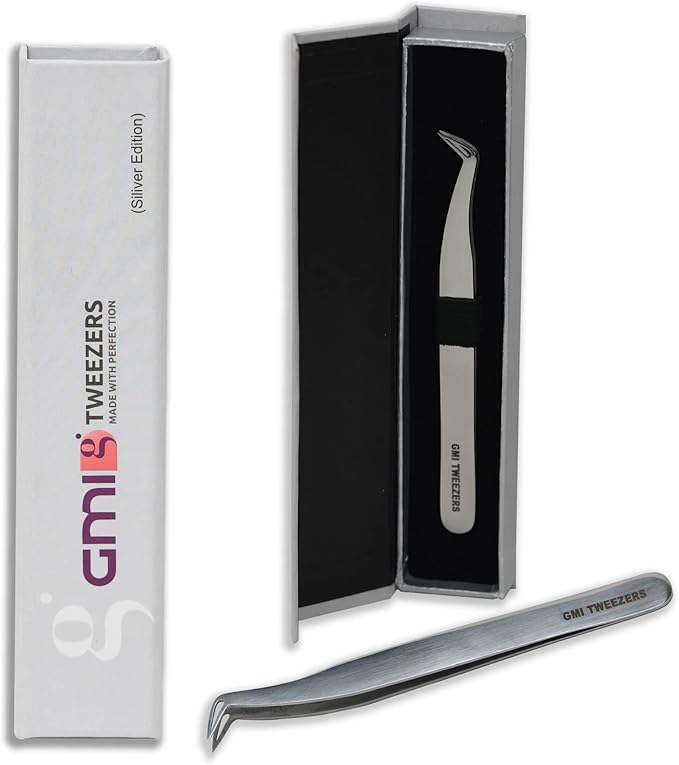 GMI TWEEZERS Eyelash Extension Tweezers - Stainless Steel - L-Shaped (Boot) - Silver