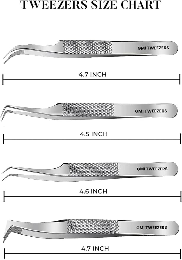 GMI Lash Tweezers – Pack of 4 Stainless Steel Fiber Tip Eyelash Extension Tweezers - Silver
