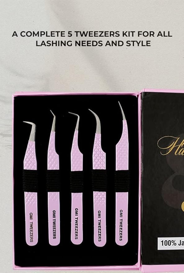 GMI Lash Tweezers - Set of 5 Stainless Steel Eyelash Extension Tweezers - Multipurpose for Individual Extensions (Pink)
