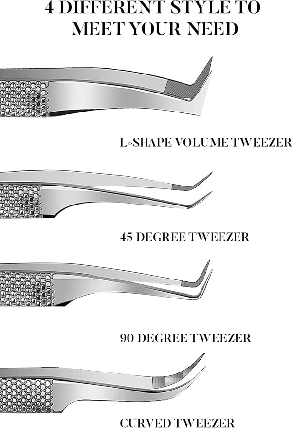 GMI Lash Tweezers – Pack of 4 Stainless Steel Fiber Tip Eyelash Extension Tweezers - Silver
