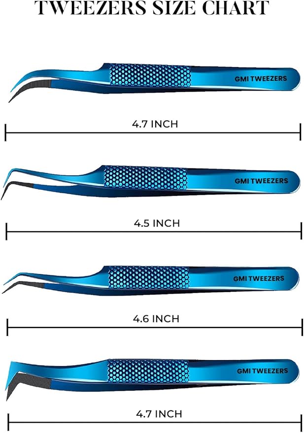 GMI Lash Tweezers – Pack of 4 Stainless Steel Fiber Tip Eyelash Extension Tweezers