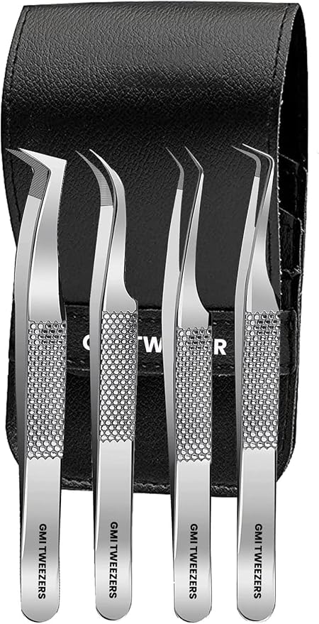 GMI Lash Tweezers – Pack of 4 Stainless Steel Fiber Tip Eyelash Extension Tweezers - Silver