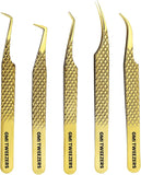 GMI Lash Tweezers - Set of 5 Eyelash Tweezers- Stainless Steel Extension Multipurpose for Extensions Individual. (Gold)