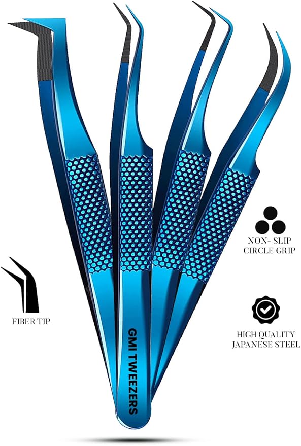 GMI Lash Tweezers – Pack of 4 Stainless Steel Fiber Tip Eyelash Extension Tweezers