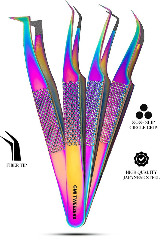 Fiber Tip Lash Tweezers- Pack of 4 Eyelash Extension Tweezers Professional- Lash Tweezers - Multicolor
