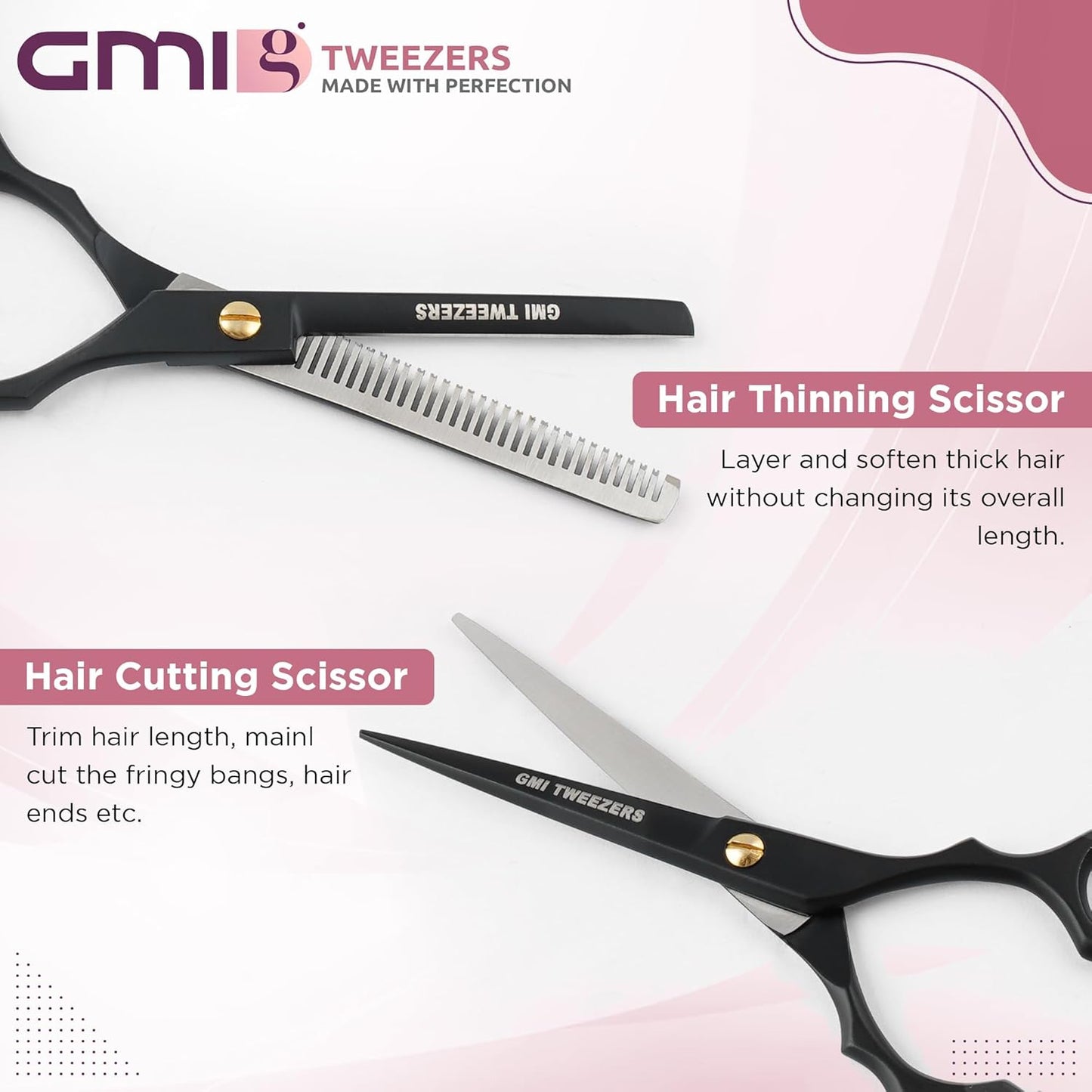 GMI-TWEEZERS™-Hair Cutting Scissors for Professionals, and Home Use -Professional Barber Scissors-Hair Scissors for Men and Women-Thinning Shears for Hair Cutting Set-Pack of 2 (Black)