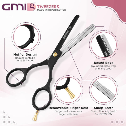 GMI-TWEEZERS™-Hair Cutting Scissors for Professionals, and Home Use -Professional Barber Scissors-Hair Scissors for Men and Women-Thinning Shears for Hair Cutting Set-Pack of 2 (Black)