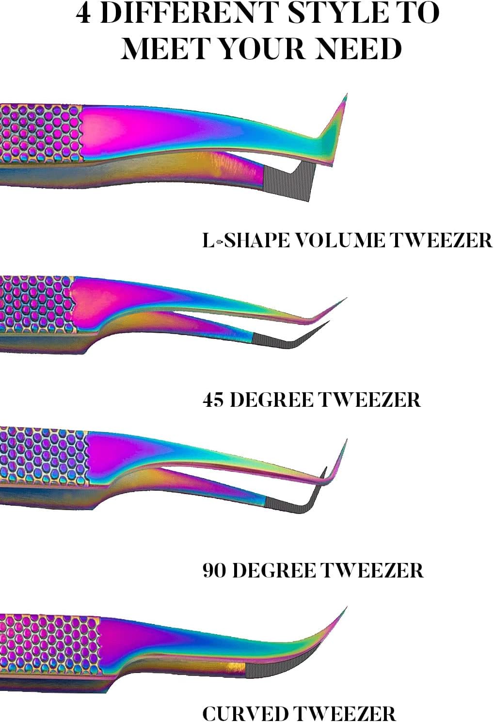 Fiber Tip Lash Tweezers- Pack of 4 Eyelash Extension Tweezers Professional- Lash Tweezers - Multicolor