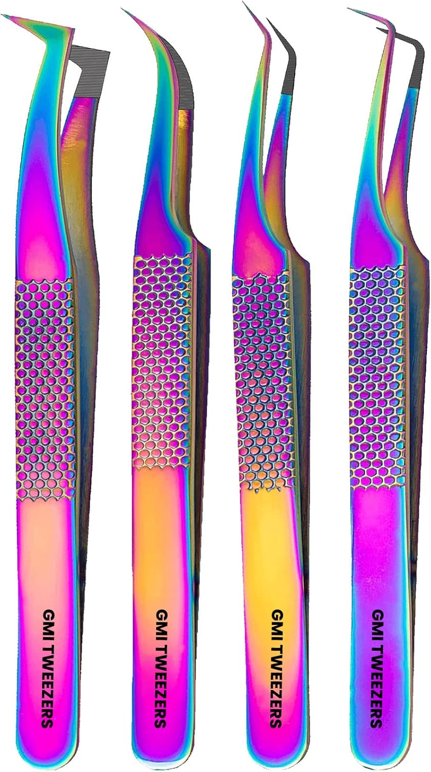 Fiber Tip Lash Tweezers- Pack of 4 Eyelash Extension Tweezers Professional- Lash Tweezers - Multicolor