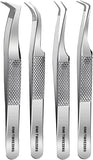 GMI Lash Tweezers – Pack of 4 Stainless Steel Fiber Tip Eyelash Extension Tweezers - Silver