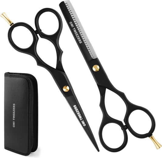 GMI-TWEEZERS™-Hair Cutting Scissors for Professionals, and Home Use -Professional Barber Scissors-Hair Scissors for Men and Women-Thinning Shears for Hair Cutting Set-Pack of 2 (Black)