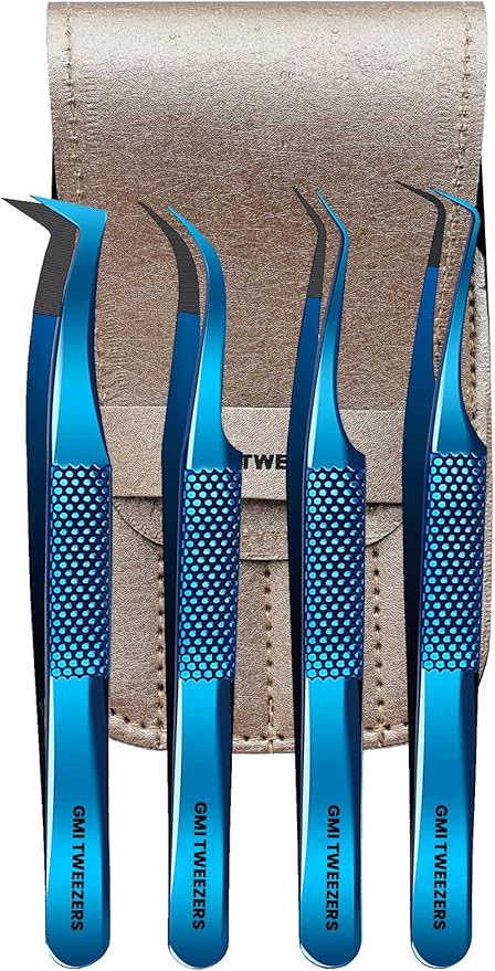 GMI Lash Tweezers – Pack of 4 Stainless Steel Fiber Tip Eyelash Extension Tweezers