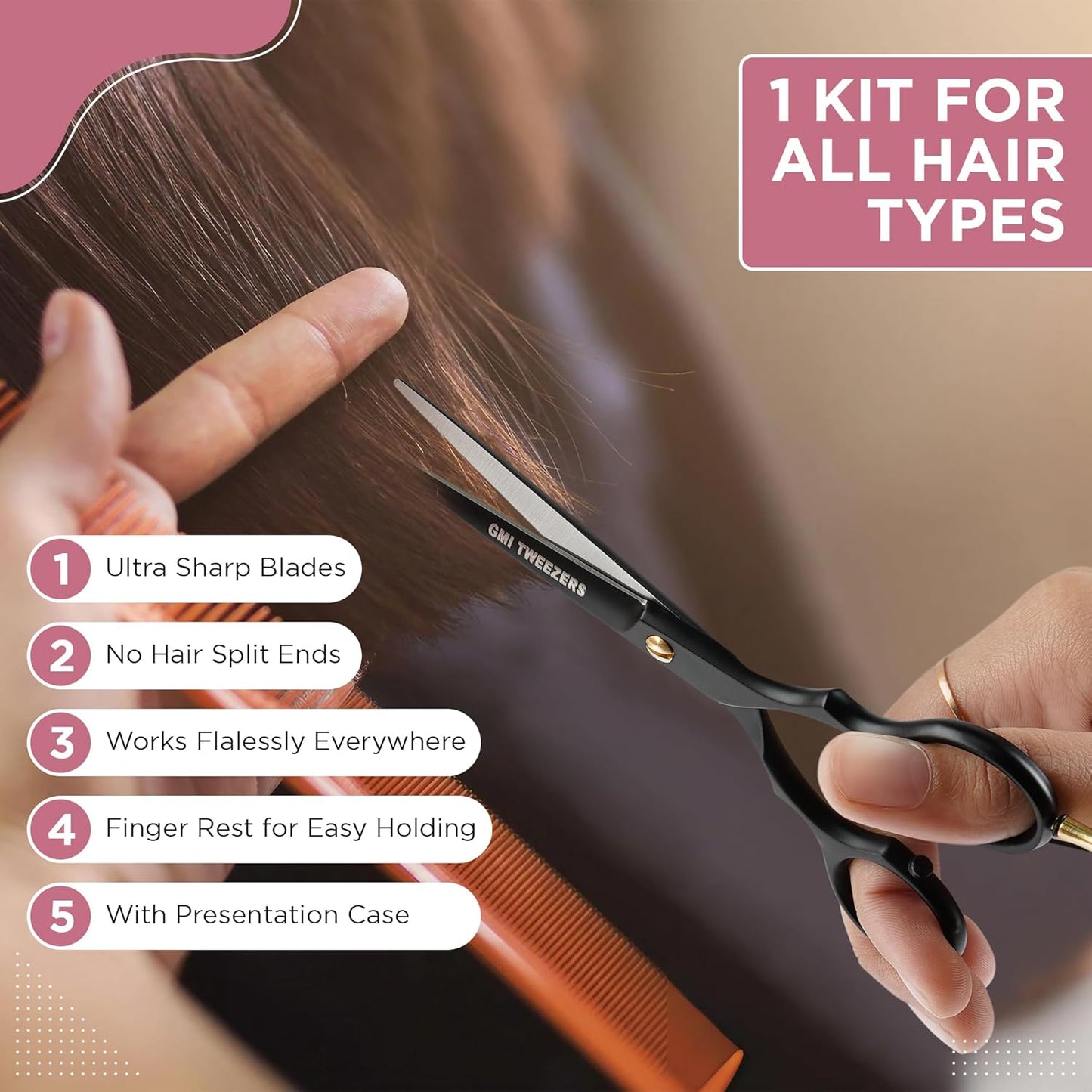 GMI-TWEEZERS™-Hair Cutting Scissors for Professionals, and Home Use -Professional Barber Scissors-Hair Scissors for Men and Women-Thinning Shears for Hair Cutting Set-Pack of 2 (Black)