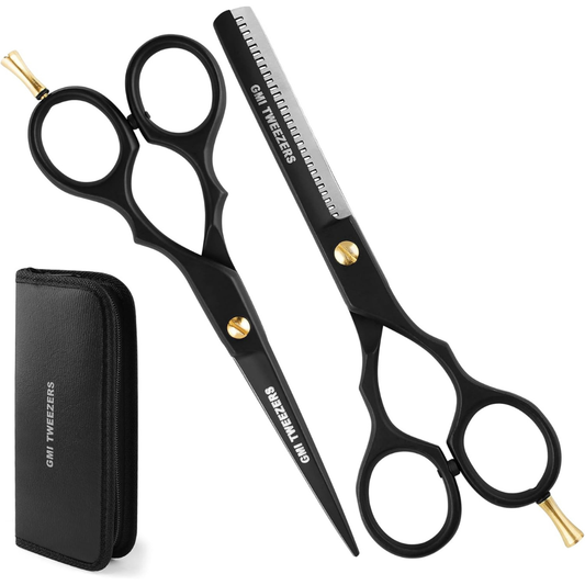 GMI-TWEEZERS™-Hair Cutting Scissors for Professionals, and Home Use -Professional Barber Scissors-Hair Scissors for Men and Women-Thinning Shears for Hair Cutting Set-Pack of 2 (Black)