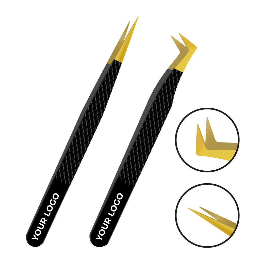 Pack of 2 Fiber Tip Lash Tweezers – Professional Eyelash Extension Tools (Gold Tip & Black)