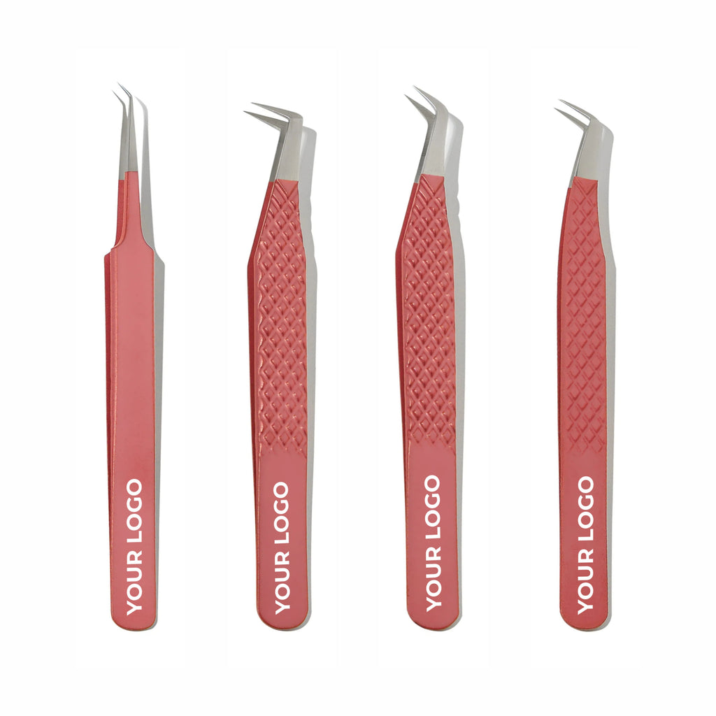 Custom Logo Lash Tweezers – Pack of 4 Professional Eyelash Extension Tools (Wholesale)
