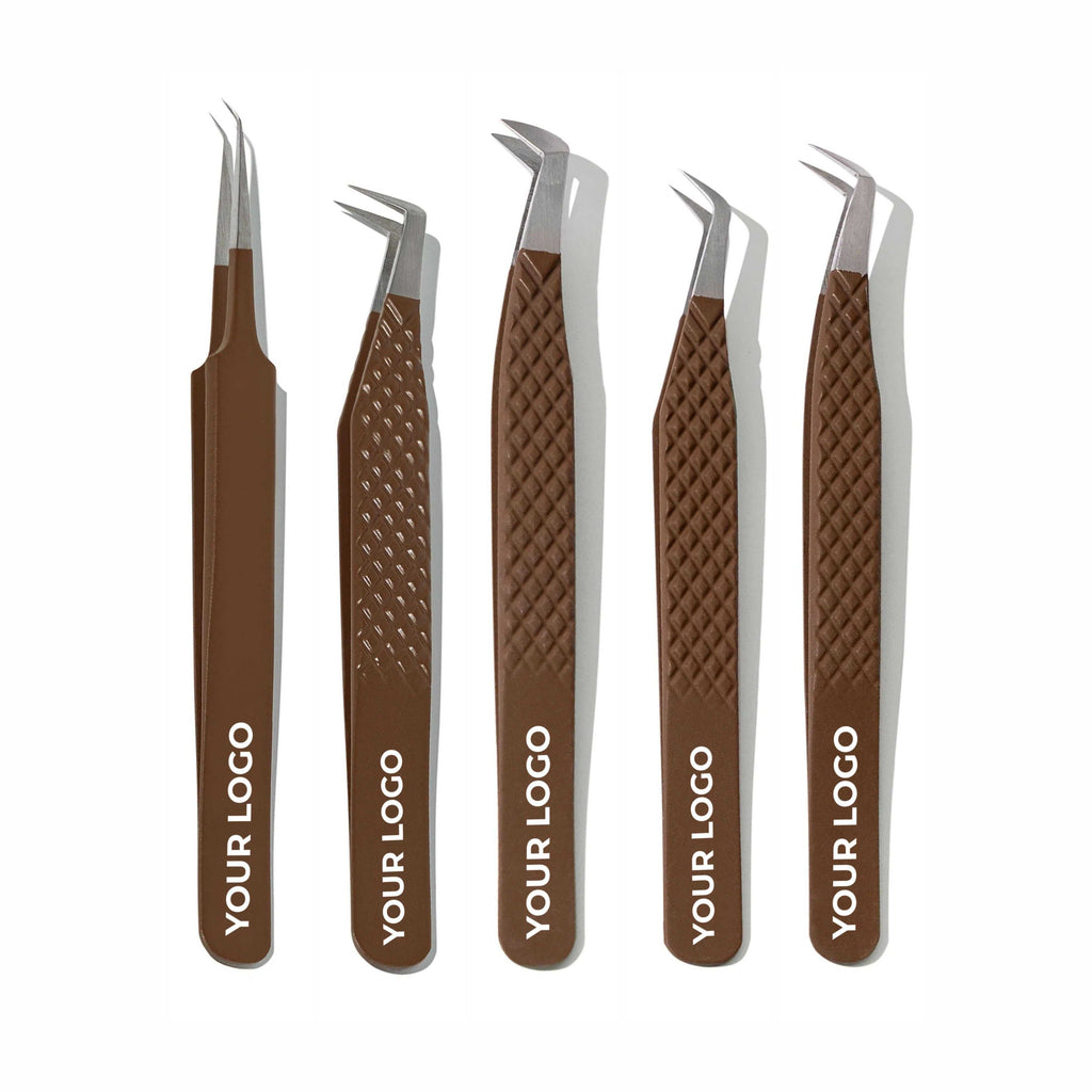Custom Logo Lash Tweezers – Pack of 5 Professional Eyelash Extension Tools (Wholesale)