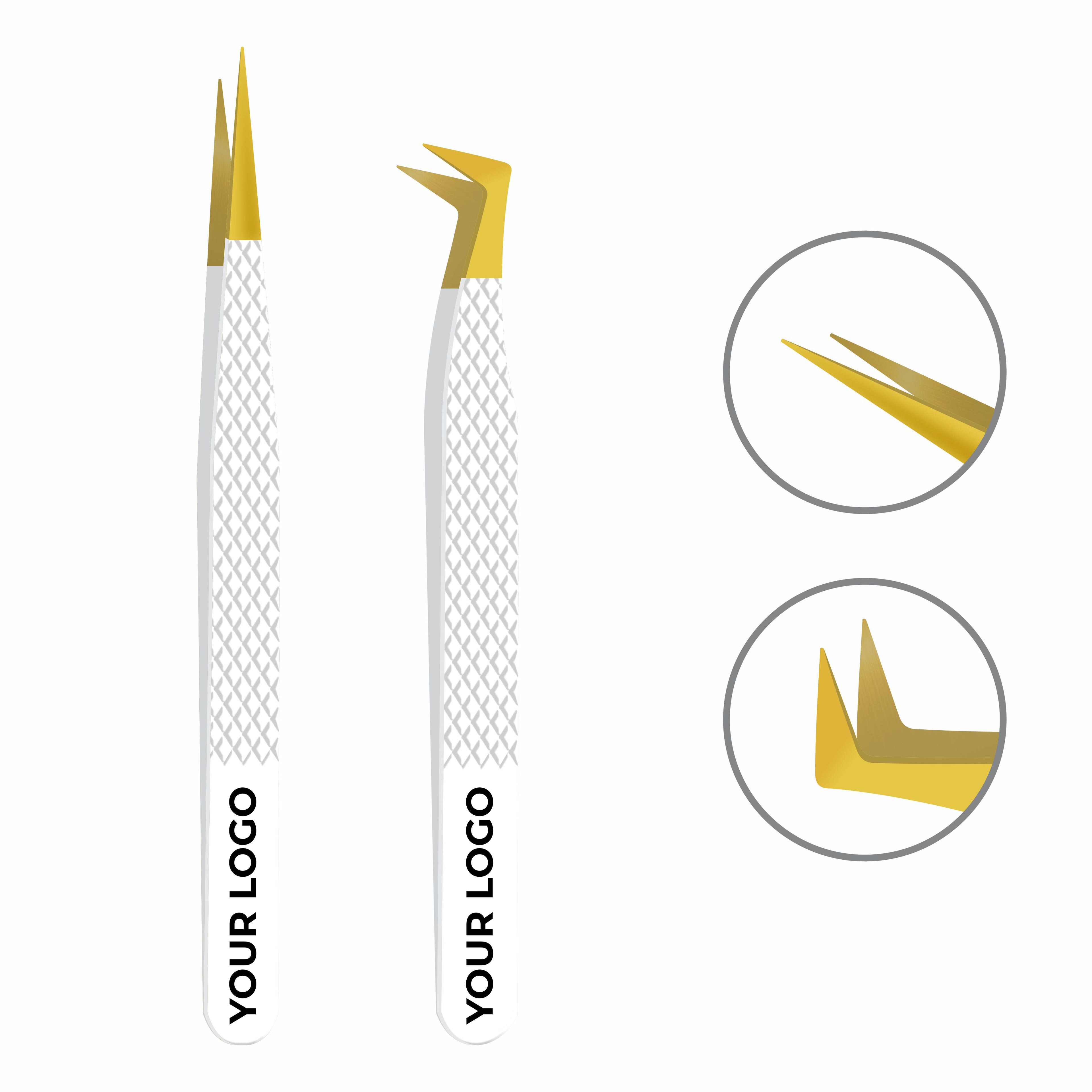 Pack of 2 Fiber Tip Lash Tweezers – Professional Eyelash Extension Tools (Gold Tip & White)
