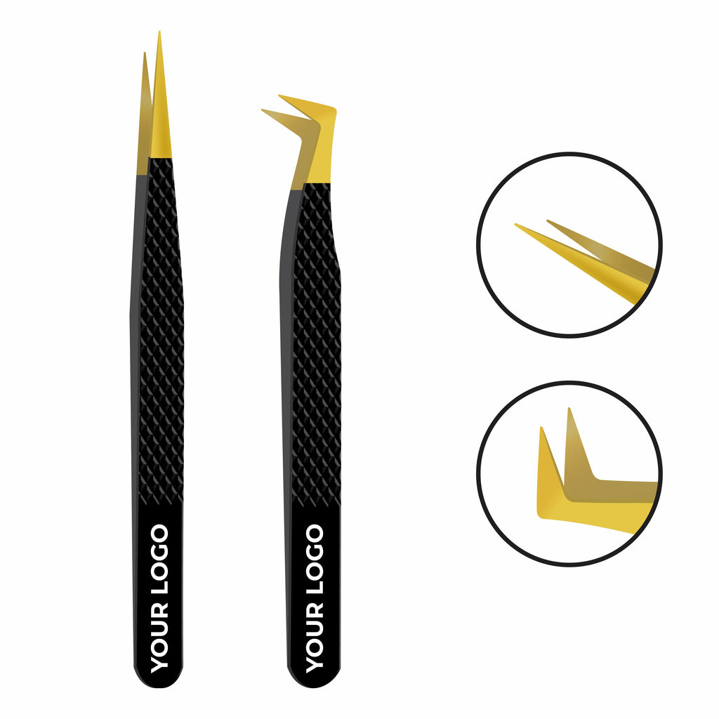 Pack of 2 Fiber Tip Lash Tweezers – Professional Eyelash Extension Tools (Gold Tip & Black)