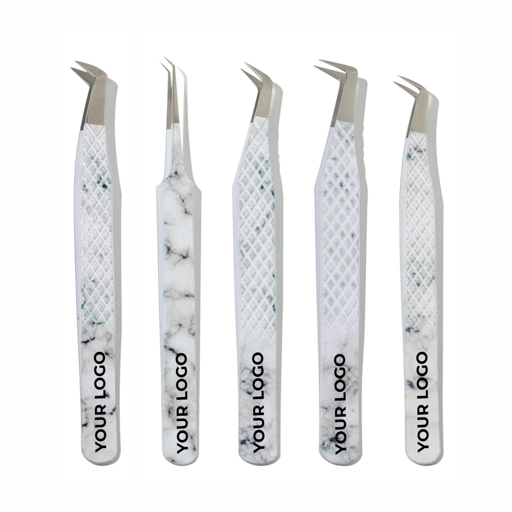 Custom Logo Lash Tweezers – Pack of 5 Professional Eyelash Extension Tools (Wholesale)