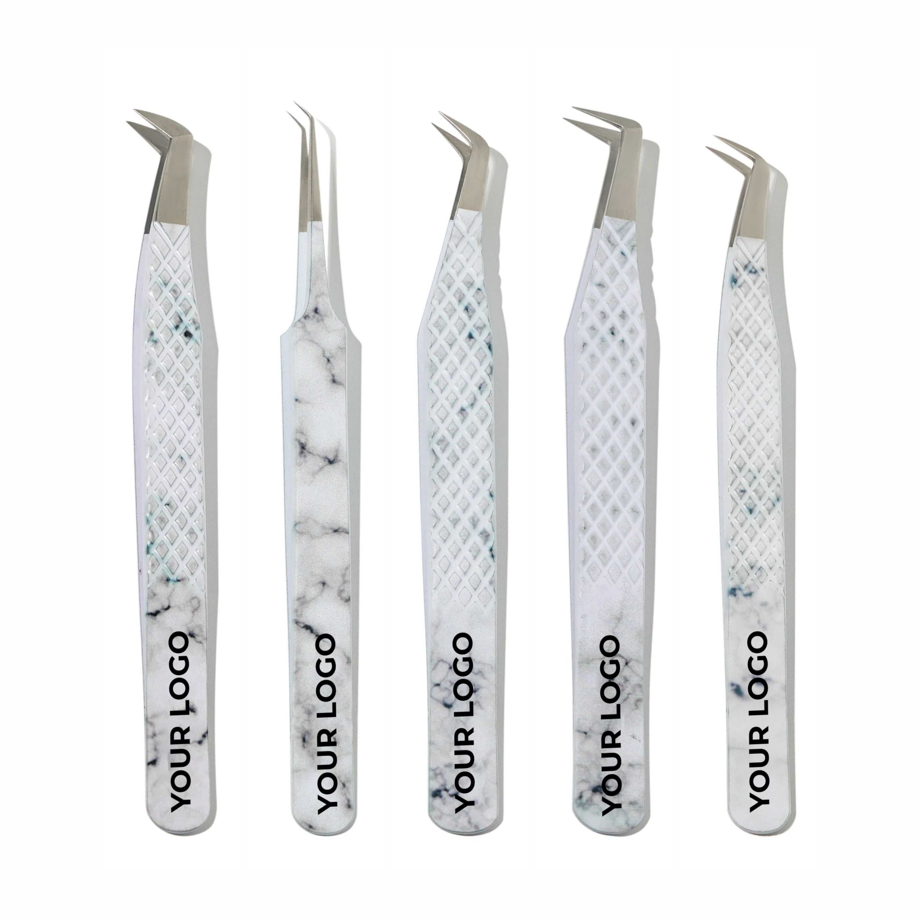 Custom Logo Lash Tweezers – Pack of 5 Professional Eyelash Extension Tools (Wholesale)
