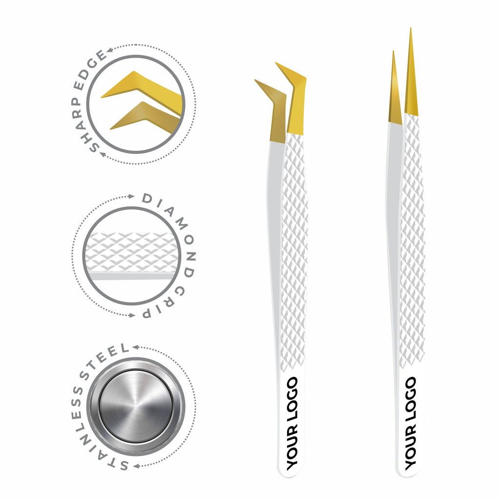 Pack of 2 Fiber Tip Lash Tweezers – Professional Eyelash Extension Tools (Gold Tip & White)