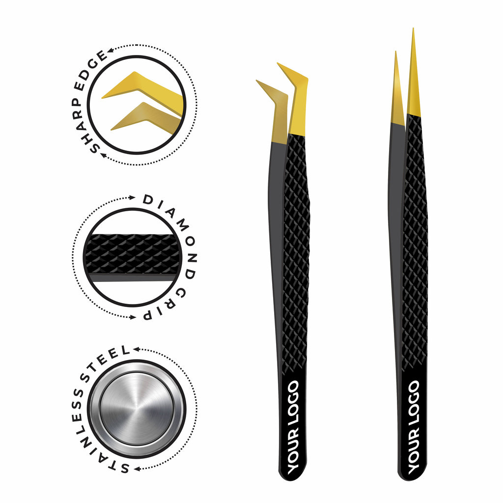 Pack of 2 Fiber Tip Lash Tweezers – Professional Eyelash Extension Tools (Gold Tip & Black)