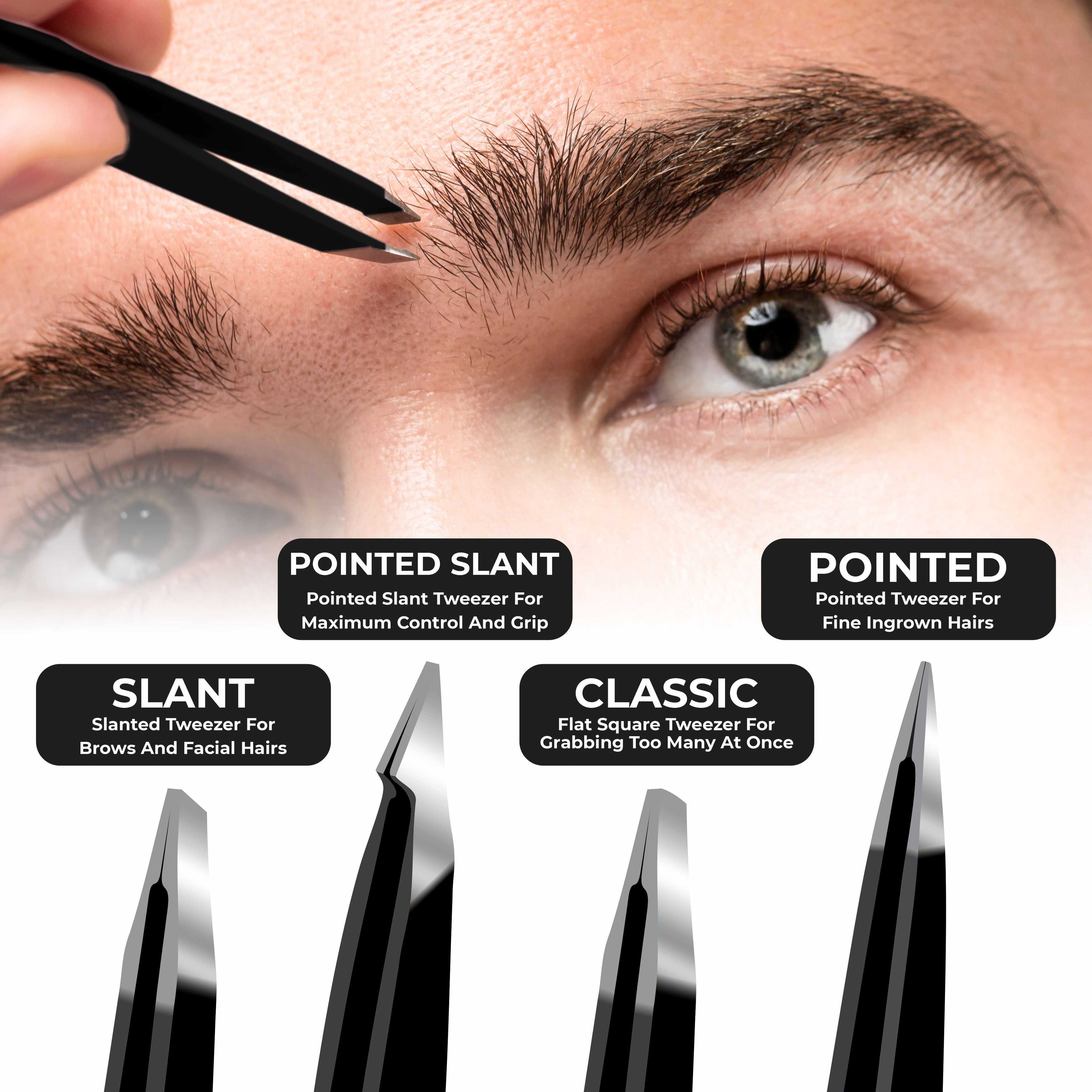 Eyebrow Tweezers - Set of 4 Professional Stainless Steel Tweezers for Facial Hair Removal- Eyebrow Tweezers for Women and Men - Professional eye brow twizzers and trimmer.