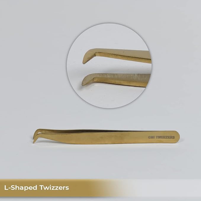 2pcs Black Straight and L-Shaped (Boot) Gold Pointed Eyelash Tweezers for Lash Extension - Stainless Steel Precision Tweezers for Volume and Classic Lashes - False Eyelash Extension Kit. (Gold)