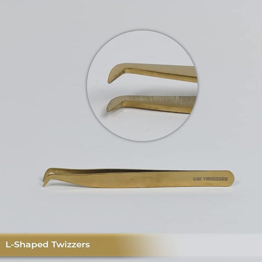 2pcs Black Straight and L-Shaped (Boot) Gold Pointed Eyelash Tweezers for Lash Extension - Stainless Steel Precision Tweezers for Volume and Classic Lashes - False Eyelash Extension Kit. (Gold)