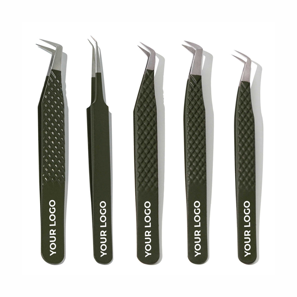 Custom Logo Lash Tweezers – Pack of 5 Professional Eyelash Extension Tools (Wholesale)