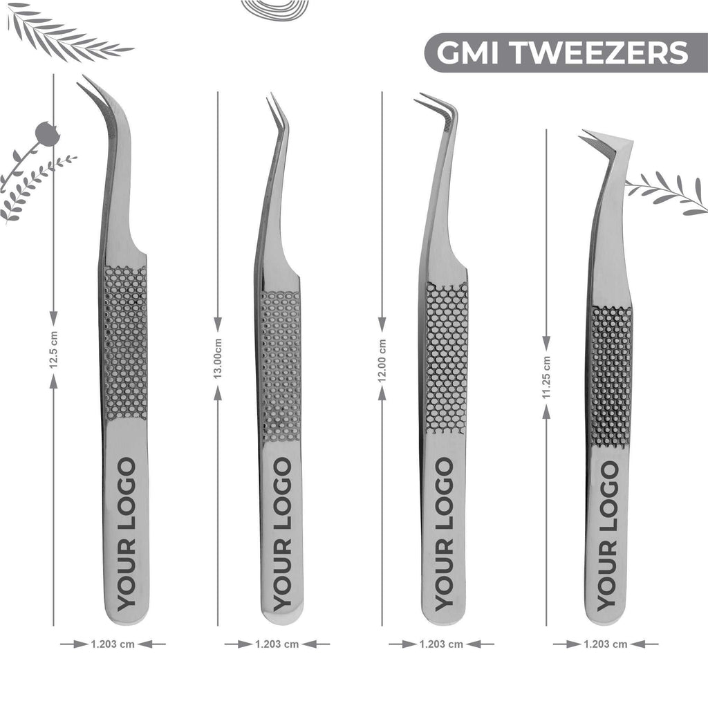 GMI Lash Tweezers – Pack of 4 Stainless Steel Fiber Tip Eyelash Extension Tweezers - Silver