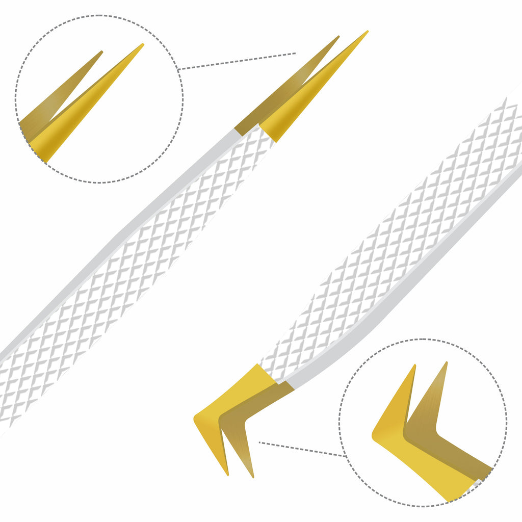 Pack of 2 Fiber Tip Lash Tweezers – Professional Eyelash Extension Tools (Gold Tip & White)