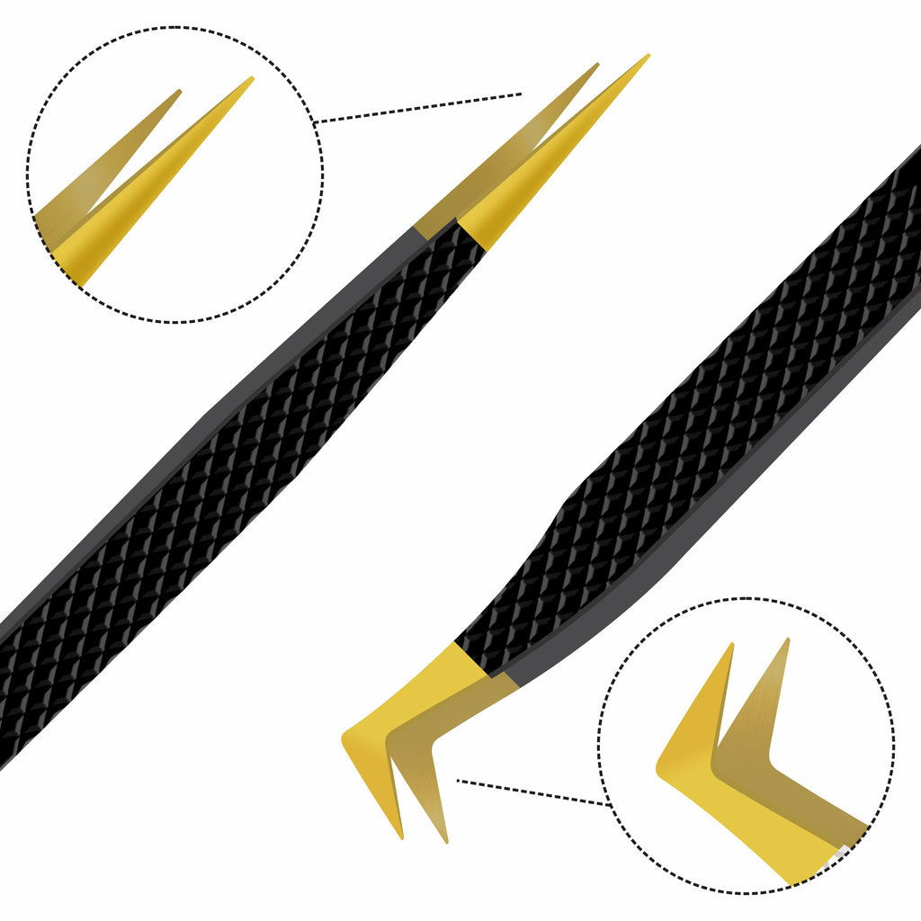 Pack of 2 Fiber Tip Lash Tweezers – Professional Eyelash Extension Tools (Gold Tip & Black)