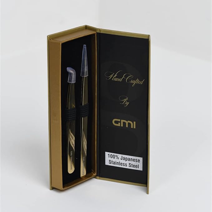 2pcs Black Straight and L-Shaped (Boot) Gold Pointed Eyelash Tweezers for Lash Extension - Stainless Steel Precision Tweezers for Volume and Classic Lashes - False Eyelash Extension Kit. (Gold)