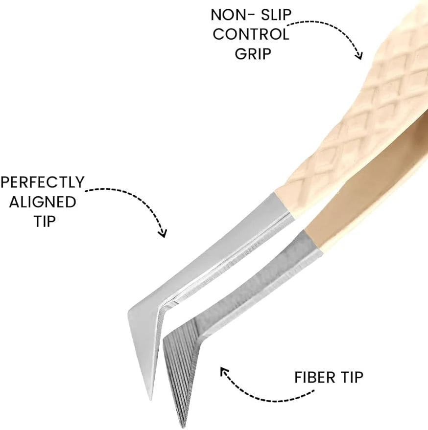Fiber Tip Lash Tweezers- Pack of 3 Eyelash Extension Tweezers Professional- Lash Tweezers. (Light Nude)