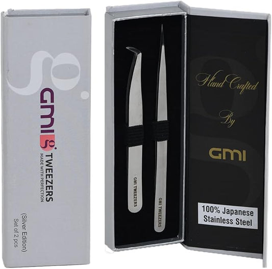Professional Eyelash Extension Tweezers - Stainless Steel Eyelash Extension Kit - Pack of 2 Eyelashes Extension Tweezers – Lash Tweezers for Eyelash Extensions - False Eyelash Applicator tool. (Silver)