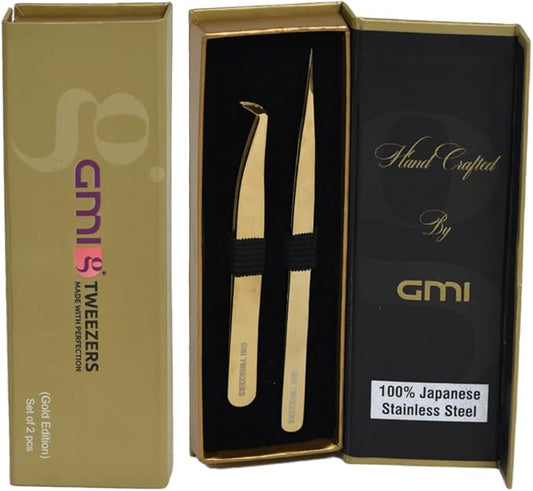 2pcs Black Straight and L-Shaped (Boot) Gold Pointed Eyelash Tweezers for Lash Extension - Stainless Steel Precision Tweezers for Volume and Classic Lashes - False Eyelash Extension Kit. (Gold)