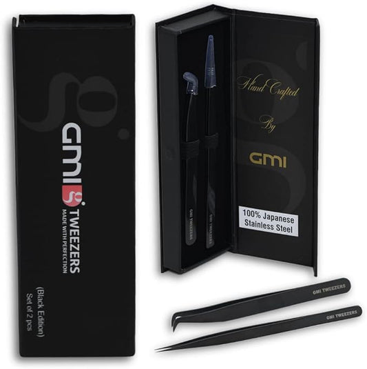 Professional Eyelash Extension Tweezers - Stainless Steel Eyelash Extension Kit - Pack of 2 Eyelashes Extension Tweezers – Lash Tweezers for Eyelash Extensions - False Eyelash Applicator tool. (Black)
