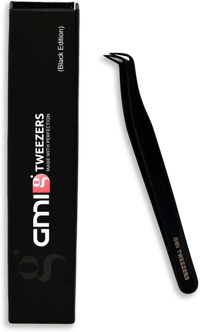 GMI Tweezers - Eyelash Extension Tweezers - Stainless Steel Lash Extension Tweezers - Eyelash extension kit - Lash tweezers for Eyelash Extensions - L-Shaped. (Black)